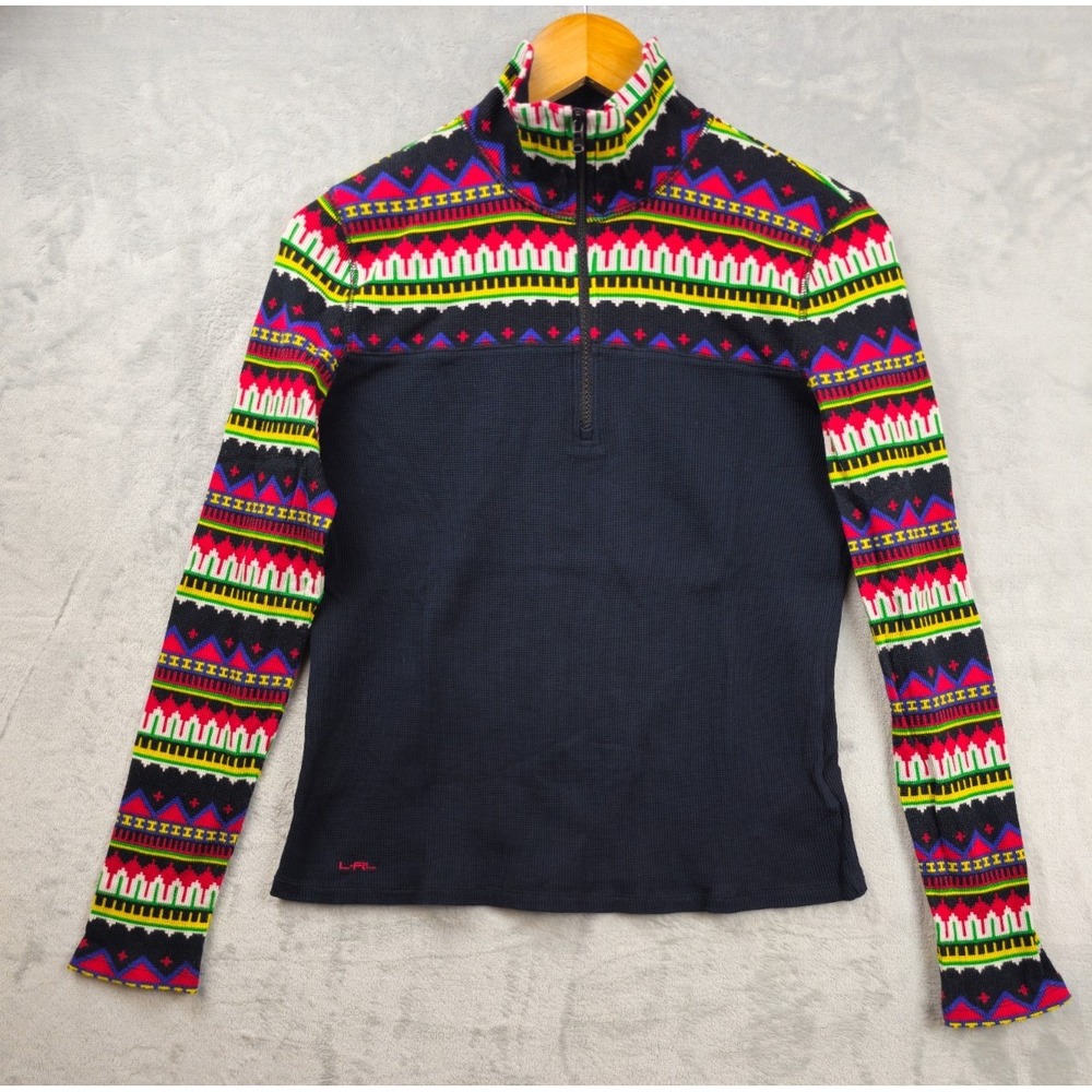 Lauren Ralph Lauren 1/4 Zip Waffle Knit Thermal Fairisle Geometric Sweater Large